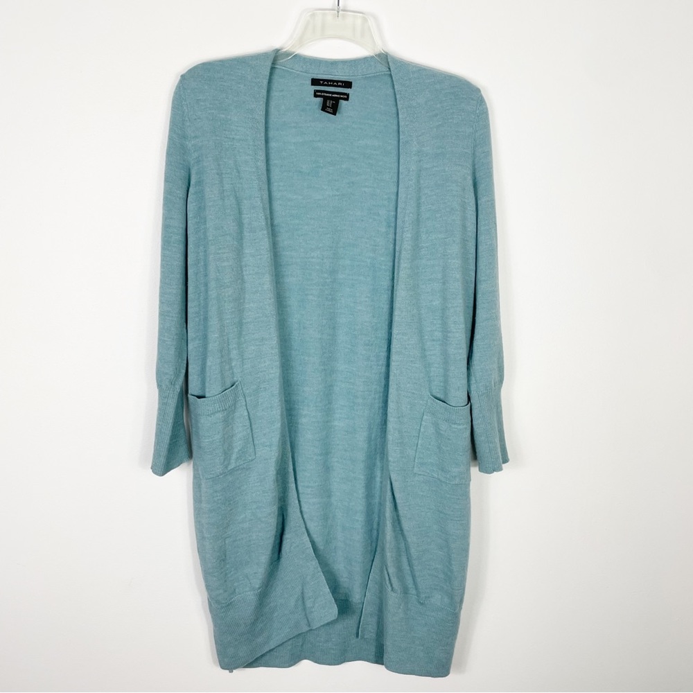 Tahari Longline Open Front Fine Merino Wool Cardigan Sweater Pockets XL